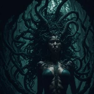 Dramatic digital painting, a breathtakingly beautiful Medusa sta...