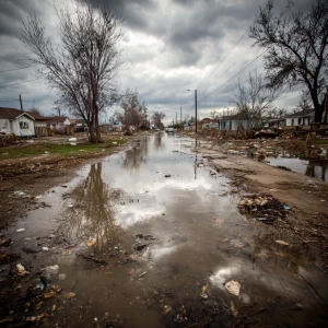 A flooded Texas landscape, with murky waters covering the street...