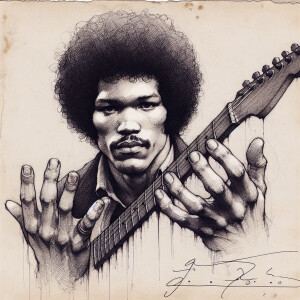 A sketch of a man resembling Jimmy Hendrix facial features,with...