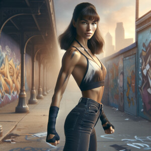 Athletic Thin skinny Attractive, Asian teenage girl, long brown hair and bangs, wearing tight skinny jeans and a halter top paint marks on her clothing, heroic pose Asian graffiti background, backside view