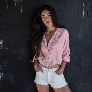 Capture the elegance of a fair-skinned woman with dark long hair...