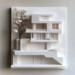 3D printed scale model of a modern house being displayed as art on a wall