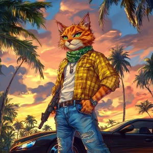 A humanoid cat character standing in a tropical setting with a b...