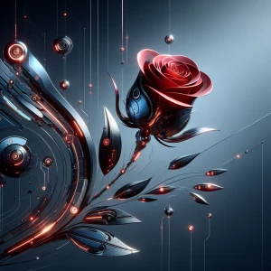 A single red rose floating against a soft, gradient background. The petals are subtly outlined with glowing accents, giving the flower a futuristic, almost ethereal quality. Its stem is sleek and metallic, reflecting faint light as if it were part of a high-tech design.