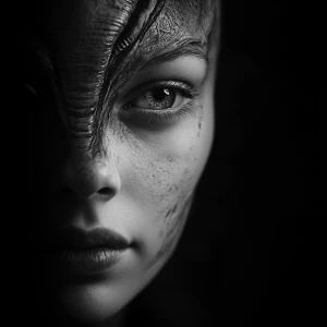 A woman's face transforming into a Alien