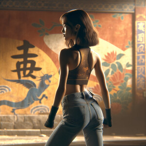 Athletic Thin skinny Attractive, Asian teenage girl, long brown hair and bangs, wearing tight skinny jeans and a halter top paint marks on her clothing, heroic pose Asian graffiti background,  backside view