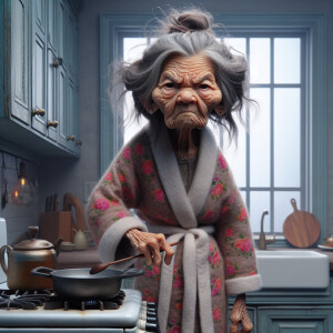 A whimsical realistic grumpy elder woman with wrinkles with her...