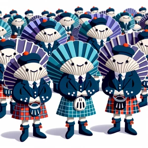 A group of clams wearing Scottish matching dark blue tam hat kil...