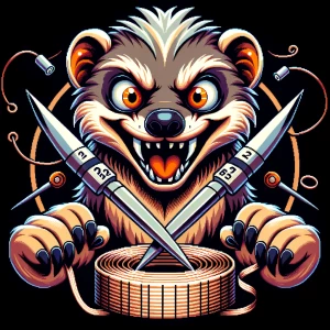 A highly detailed logo of an anthropomorphic mongoose with a wil...