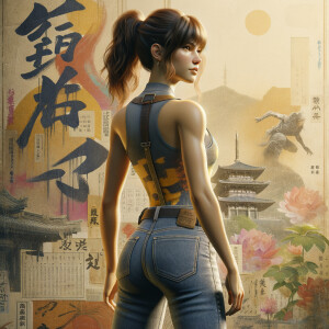 Athletic Thin skinny Attractive, Asian teenage girl, long brown hair and bangs, wearing tight skinny jeans and a halter top paint marks on her clothing, heroic pose Asian graffiti background, backside view