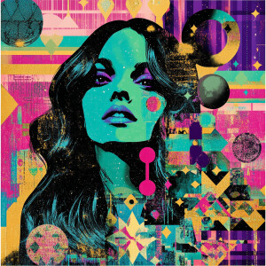 Vector-style portrait of a celestial goddess, long flowing hair...