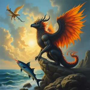 Imaginative, fantastical painting featuring a mythical creature...