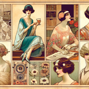 A retro 1920 illustration of an American woman, in the style of...