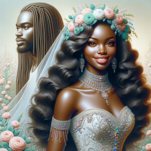 Create a 3-D realistic oil, painting of a beautiful African-American bride. She has long flooring, wavy hair and her gown has beautiful jewels around the neckline. in the background there is a beautiful African-American Jesus Christ with long dreadlocks, and he is smiling. He is very handsome pastel flowers throughout the image.