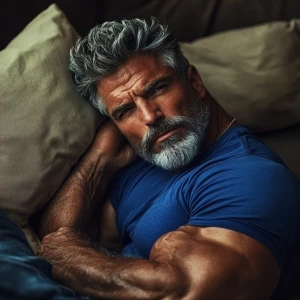 The image shows a muscular bodybuilder man lying on a couch, app...