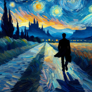 Silhouetted of a man against an array of dynamic, walking down t...