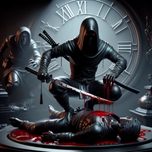 The sinister ninja stands over their fallen enemy, blood drippin...
