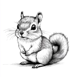 A cute chipmunk looking forward, with his body sideways showing...