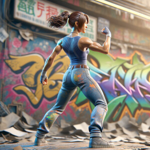 Athletic Thin skinny Attractive, Asian teenage girl, long brown hair and bangs, wearing tight skinny jeans and a halter top paint marks on her clothing, heroic pose Asian graffiti background, backside view