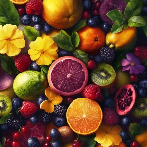 Create an image featuring a variety of vibrant, colorful fruits...