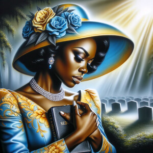 An airbrush oil painting depicts an African American woman with...