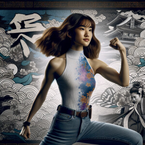 Athletic Thin skinny Attractive, Asian teenage girl, long brown hair and bangs, wearing tight skinny jeans and a halter top paint marks on her clothing, heroic pose Asian graffiti background