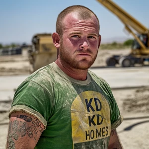 Brian Nobles a real 28 year old Caucasian male who is using  a concrete mixer, he is a  pump operator holding the hose which carries the liquid concrete to the foundation pour, Brian is slowly  beginning his transition into adult maturity , Brian Nobles is beginning to look like a grown man, he has large reflective blue eyes and a wrinkled brow,Brian is now balding , prominent large protruding round fat obese belly,,thick goatee beard, healthy muscle mass ,very noticeable male pattern balding hairline, Brian Nobles now has a  prominent receding and thinning male hairline (onset male pattern baldness), slightly fat overweight(Caucasian)wearing tight body conforming  glossy satin shiny green and gold tight fitting body conforming UnderArmour athletic bodysuit,emblazoned with the "KD HOMES" real estate logo, standing confidently in front of a newly completed constructed new KD HOME in Victorville California in a raw desert landscape. Brian has a protruding fat obese muscular physique, large male bulge, fat obese muscular frame , shows a substantial frame with a noticeable mature hairline and expressive eyes. His workman’s  pose should reflect his experience in his trade.