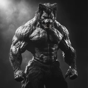 A muscular lycanthrope (werewolf) in a dynamic pose, prominently...