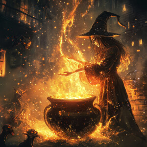 A powerful witch, her hands and eyes ablaze with fire and light,...
