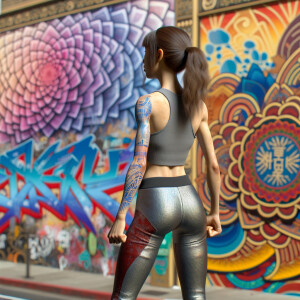 Athletic Thin skinny Attractive, Asian teenage girl, long brown hair and bangs, wearing tight skinny jeans and a halter top paint marks on her clothing, heroic pose Asian graffiti background, backside view