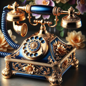 Create an image of an ornate vintage telephone with a sophisticated design, combining royal blue and gold colors. The body and receiver of the phone should be a deep, lustrous blue, with intricate gold embellishments and floral patterns etched into the metal. The circular dial is also detailed with gold accents. The coiled cord should be a matching blue. In the background, soft-focus, elegant flowers add a natural and aesthetic touch, complementing the phone’s luxurious look. There should be no text or watermarks present.