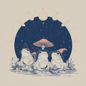 cute line-art illustration of frogs wearing wizard hats sitting...