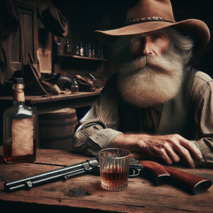 An old prospector, grizzly, long beard wide brim, cowboy hat, si...