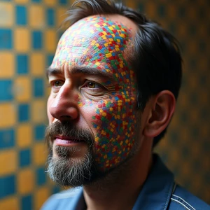 A man's face dissolving into a colorful checkerboard texture, 3D...