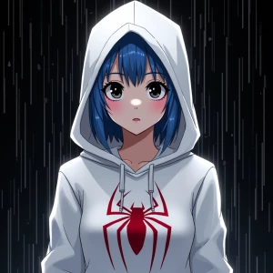 Spider-Gwen wearing a white hooded sweatshirt with a Spider-Man...
