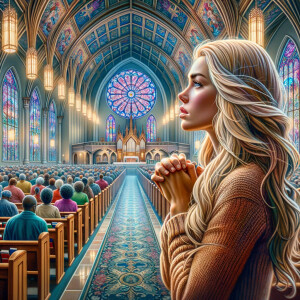 Create a realistic airbrushed illustration of a woman with long, blonde hair and huge blue eyes, praying at the altar in a church. The church is filled with an African-American congregation, adding to the diverse and spiritual atmosphere. The interior of the church features a beautiful stained glass window that casts colorful light throughout the space, enhancing the spiritual ambiance. The setting is serene and filled with a sense of community and faith, capturing the moment of prayer in a sacred environment. Ensure the illustration is detailed, with attention to the expressions of devotion and the intricate designs of the church interior, in a heavily HDR style at 300 dpi.