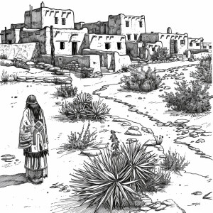 Generate a black and white  image that represents Pueblo culture...