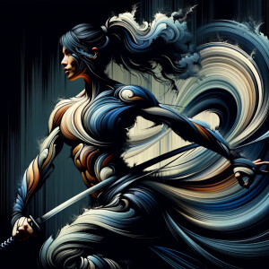 full length  very muscular woman samurai warrior, spinning wind...