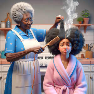 Create a realistic 3-D image of an african-American grandmother wearing a blue house dress and a white apron . She is in the kitchen with her african-American granddaughter. Her granddaughter is wearing a pink bath robe. The grandmother has a hot comb in her hand and she is straightening her granddaughters hair. One side of her granddaughters hair is in  a Afro the other straight 
There is smoke coming from the hot comb
The granddaughter is making a face