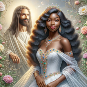 Create a 3-D realistic oil, painting of a beautiful African-American bride. She has long flooring, wavy hair and her gown has beautiful jewels around the neckline. in the background there is a beautiful African-American Jesus Christ with long dreadlocks, and he is smiling. He is very handsome pastel flowers throughout the image.