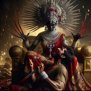 portrait of extremly angry looking goddess kali, black skinned, sitting on a gold crown and carrying a weak mahishasur on her lap and stabbing him with her amazing long red finger nails. She is wearing diamond armor, a huge diamond crown, red saree, abundant diamond jewelry, covered in blood. The scene is set in ancient India. The image is 8K resolution, cinematic, ultra detailed face and epic.