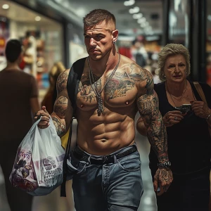 Photorealism,realism,a man beefy muscular criminal tattoed walki...