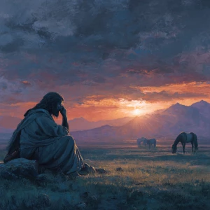 A noble prophet-like figure sits quietly, gazing at the sun sett...