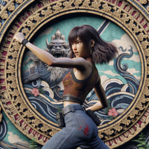 Athletic Thin skinny Attractive, Asian teenage girl, long brown hair and bangs, wearing tight skinny jeans and a halter top paint marks on her clothing, heroic pose Asian graffiti background, backside view