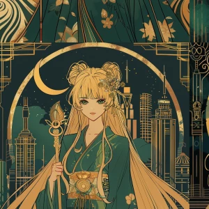 Elegant manga-style heroine in a deep emerald silk kimono with b...