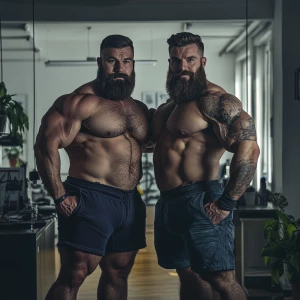 Two muscular bodybuilders with thick, full beards standing side...
