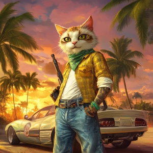 A humanoid cat character standing confidently in a tropical sett...