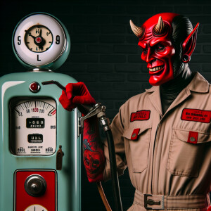 A 1950s rockabilly red devil in a mechanics jumpsuit, standing n...