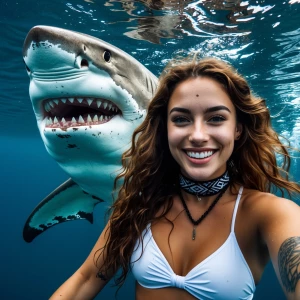 A young woman with long, wavy, wet hair takes a selfie underwate...