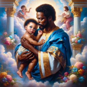 Classical oil painting style depicting an African-American Jesus...